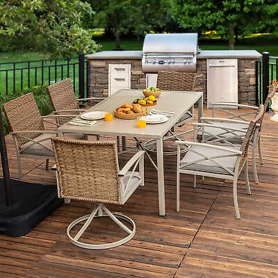 7PCS Patio Dining Set Outdoor Wicker Furniture W/ 2 Rocking Chairs Wood Grain • $434.48