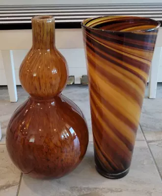 2 Z Gallerie Handblown Art Floor Vases Amber Chocolate Swirls 19.5 And 20 Inches • $175