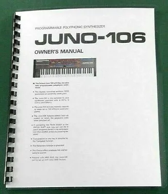 Roland Juno-106 Instruction Manual: Comb Bound With Protective Covers! • $34.82