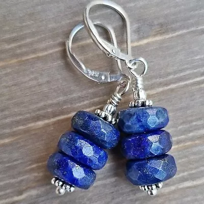 925 SOLID Sterling Silver & Lapis  Lazuli Leverback Earrings 1.5  • $14