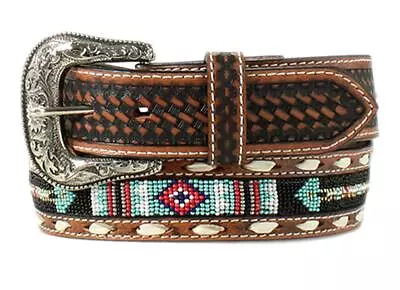 Ariat Western Mens Belt Leather Conchos Beaded Inlay Bucklace Tan A1040708 • $69