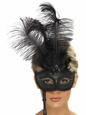 Ladies Masquerade Ball Eyemask Mask Baroque Venetian Ornate Feather Handle Stick • £20.30