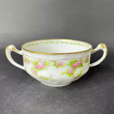 Antique A. LANTERNIER Limoges Porcelain 2-HANDLED Tea Cup PINK FLORAL Rose • $14.95