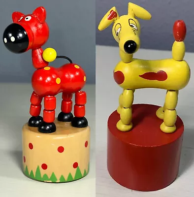 Wooden Push Puppet Hand Painted Dog Horse Toy Collapsing Figure Red Yellow 2 Lot • $24.88