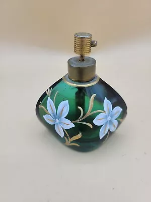 Vintage IRice Hand Painted White Flower Green Glass Perfume Bottle Gold • $15