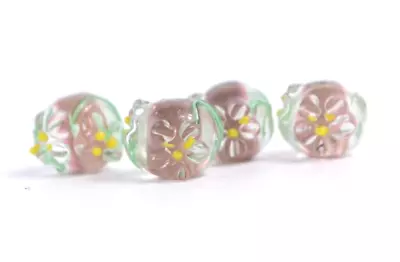 New 4 Piece Set Of Fine Murano Lampwork Glass Beads- 12mm Raised Flowers- A7155c • $0.99