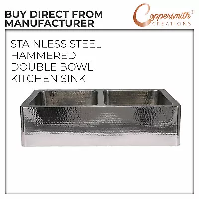 Stainless Steel Front Apron Hammered Double Bowl Kitchen Sink • £649