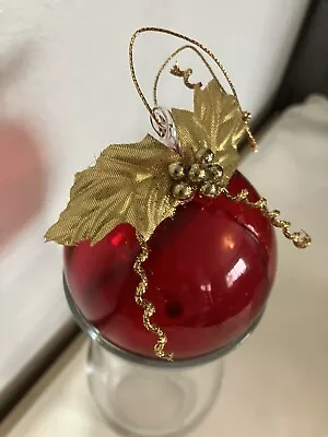 Vintage SILVESTRI Hand Blown GLASS CHRISTMAS ORNAMENT Red W Gold Trim Box LOVELY • $8.99