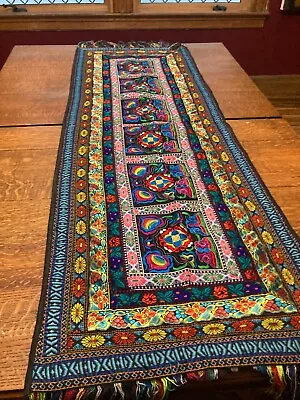 Mexican Woven Multicolor Embroidered Table Runner Flowers Chiapas 60  Long  • $50