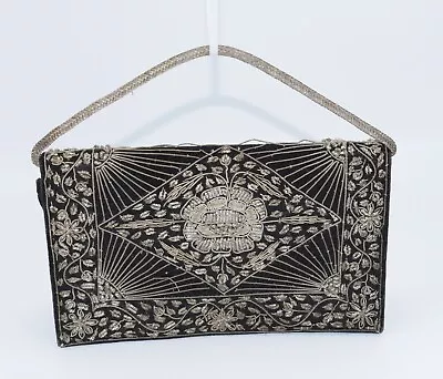 Vintage Black Velvet Clutch Evening Bag Wallet Silver Wire India Embroidered • $6.99