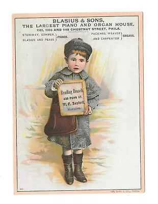 Vintage Trade Card BLASIUS & SONS PIANO & ORGANS Phila & Reading PA Boy W Slate • $29.43