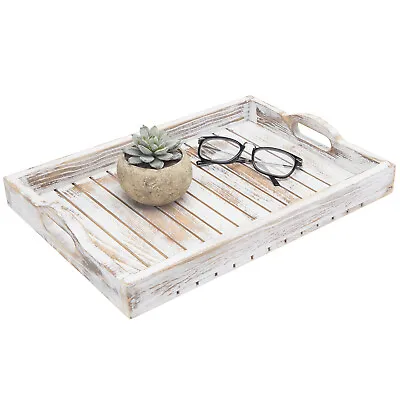 MyGift Shabby Chic Whitewashed Wood Breakfast Serving Tray With Cutout Handles • $32.99