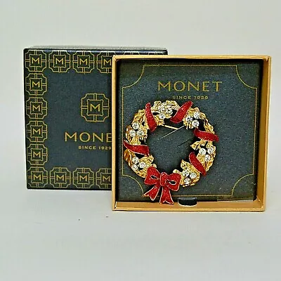 Monet Rhinestone Wreath Brooch Christmas Gold Tone Signed New Original Box • $19