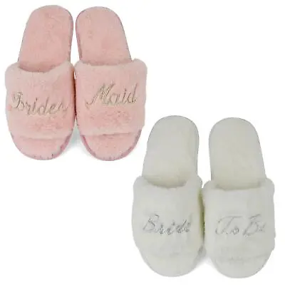  Bride To Be Wedding Bridesmaid Slippers White Pink Faux Fur Open Toe Embroidery • £9.99