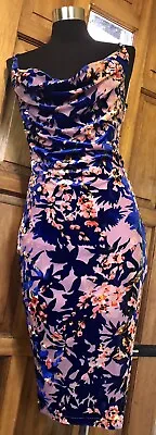Ladies Blue & Pink Floral Velvet Pencil Dress By Misguided Size 8 • £7.95