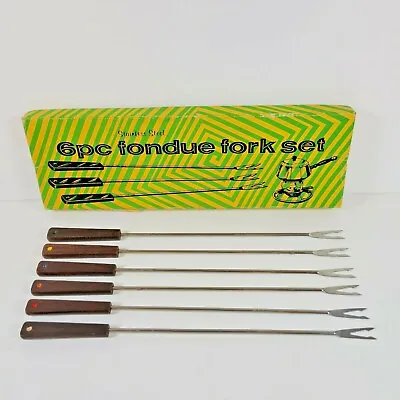 Vintage 6 Pc Stainless Fondue Fork Set Wooden Color Coded Handle Fred Roberts Co • $10.99