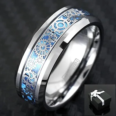 8mm Tungsten Steampunk Clockwork Gears Blue Carbon Fiber Wedding Band Ring • $14.99