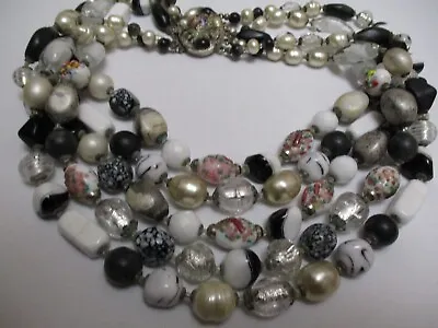 Vintage Multi 5 Strand MILLEFIORI Silver Foil  White Art GLASS Beaded Necklace • $19.99