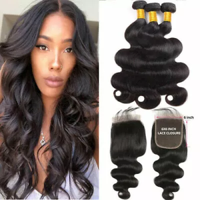 3BUNDLE+6X6 LACE CLOSURE MONGOLIAN VIRGIN HUMAN HAIR BODY WAVE 390g 12A FASTSHIP • $597.37