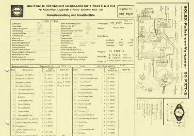 Datasheet / Settings / Spare Parts Solex 30 PICT-2 Carburetor / VW Beetle 1500 • $7.38