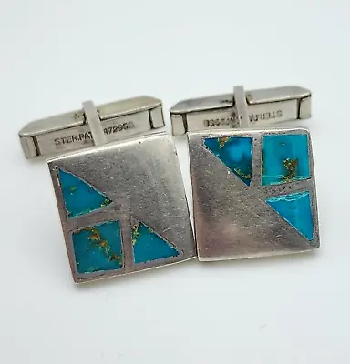 $64 • Buy Vintage Southwest Turquoise Inlay Sterling Silver Cufflinks