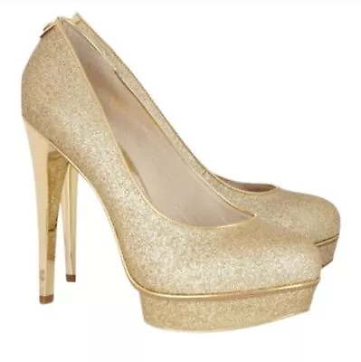 $175 MICHAEL MICHAEL KORS Gold Glitter Sparkle Gideon Pump Metallic Heels 10 • $80.09