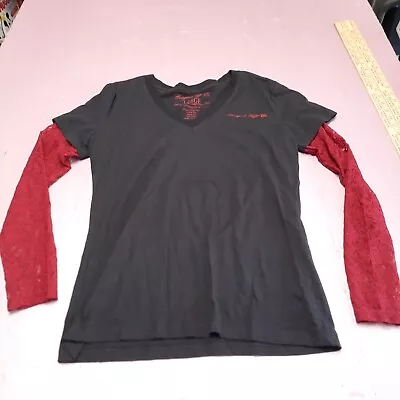 Cowgirl Tuff Shirt Women Large Black Red Laced Sleeves V Neck Top Tee Cross • $10.78