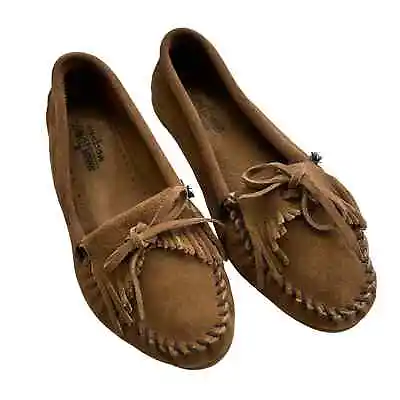 Minnetonka Kilty Moccasin Suede Flats Slip-On Shoes In Tan Brown | Size: 9.5 • $35