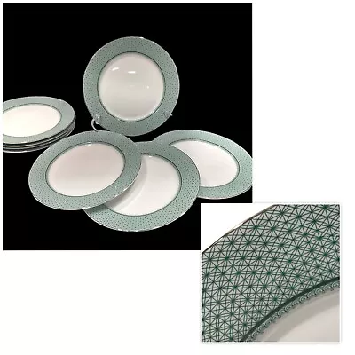 4 (or8) Graces Teaware Green White Lace Stars Gold Rim Dinner Plates Diamond 10” • $49.60