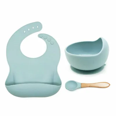 Baby Silicone Suction Bowl Bib Wooden Spoon Feeding Table Ware BPA Free 3pcs   • £10.99