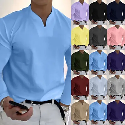 Mens Casual Shirt Long Sleeve Collarless Shirts Plain Formal Blouse Tops T-Shirt • £11.59