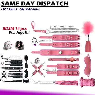 14pcs BDSM Bondage Kit Restraint Beginners Pack Cuffs Collar Whip Fetish Sex Toy • $39.95