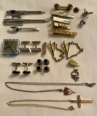 Vintage Mens Jewelry Cufflinks Tie Clips Tack Pins Necklaces Mixed Lot 26 Pieces • $24.98