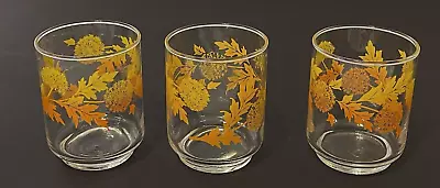 Libbey Glasses Vintage Dandelions & Leaves Orange & Yellow Juice Set Of 3 • $9.89