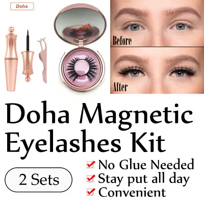$15.98 • Buy 2x Magnetic Eyelashes Doha False Eye Lashes Extension Liquid Eyeliner & Tweezer