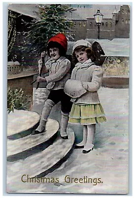 Christmas Postcard Greetings Children With Pine Tree Handwarmer Winter C1910's • $9.72