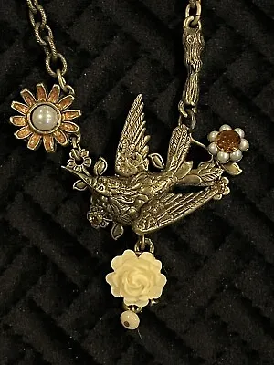 La Contessa Brass Necklace W/Bird & Flowers By Mary DeMarco • $62