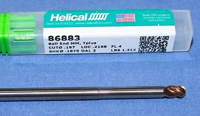 HELICAL Carbide Ball End Mill 3/16 Dia. 3 Flute 7/32 LOC  1-5/16 Reach 3  OAL • $34.09