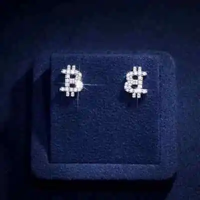 Round Cut Lab-Created Diamond Bitcoin Stud Earring 14k White Gold Plated • $91.50