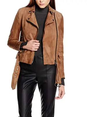 Muubaa Womens Seaton Taupe 100% Goat Suede Belted Biker Jacket Size 10 Rrp£450 • $113.67