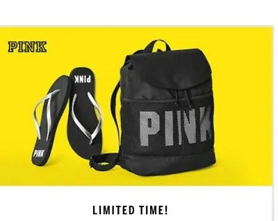 Victoria Secret SMALL Pink Flip Flop Black & Silver + Mesh Drawstring Bag  NWT • $26.99