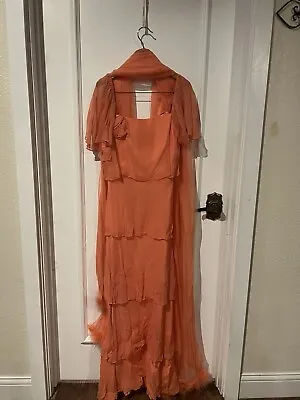 VTG Peach Chiffon Evening Dress Long With Scarf • $50