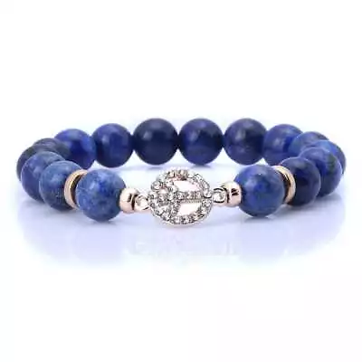 Blue Simulated Lapis Lazuli With Gold Plated Spacer Peace Sign Stretchy Bracelet • $9.99