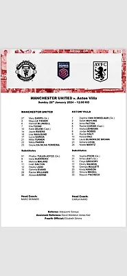 Man Utd FC Women V Aston Villa FC Women Team Sheet  (Season 2023-2024) • £3.99