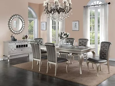 Antique Silver Formal 7pc Dining Room Set Table 6 Chairs Upholstered Cushion • $1949.99