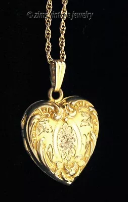 Antique Art Deco Era FMCO 10K Gold Filled Repousse Floral Heart LOCKET Necklace • $23