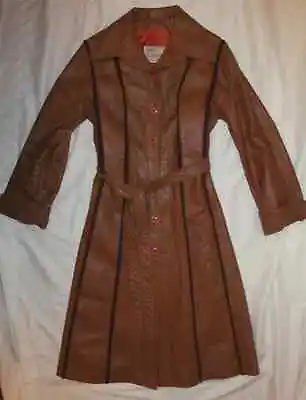 M S COLLECTIBLES Sassy Fitted Spy Long Belted Striped Mod Leather Coat Jacket M • $95