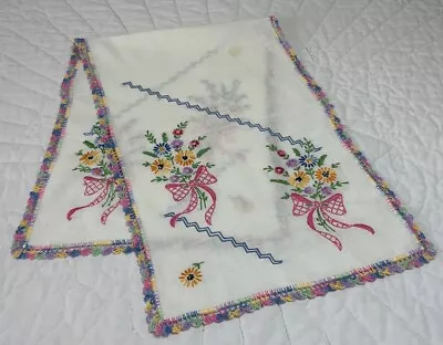 Vintage Dresser Scarf Cotton Flower & Bow Embroidery White Multi Lace • $9.95