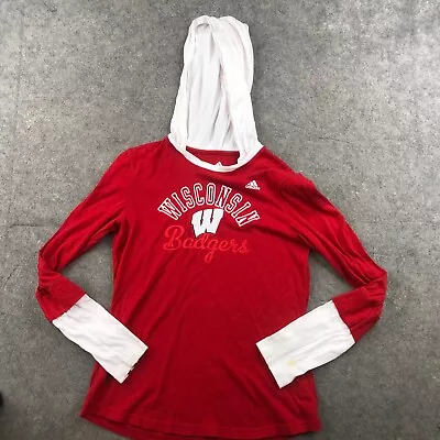 $14.99 • Buy Wisconsin Badgers Pullover Womens Medium Red White Spell Out Hooded Shirt *