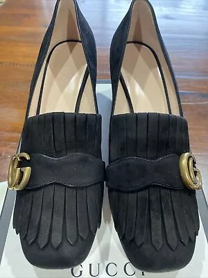 $875 • Buy Authentic Gucci Black Suede Marmont Fringe Gg Heels / Shoes Size 37.5 Brand New